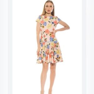 Alexia Admor Pink Floral Boatneck Balia Dropped Waist Ruffle Dress Size Medium